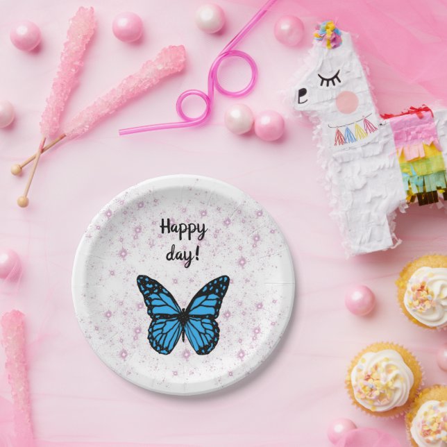 Plato De Papel Magical blue butterfly pink glitter art (Fiesta)
