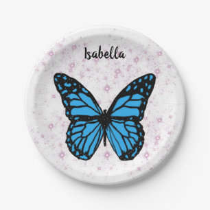 Plato De Papel Magical blue butterfly pink glitter art