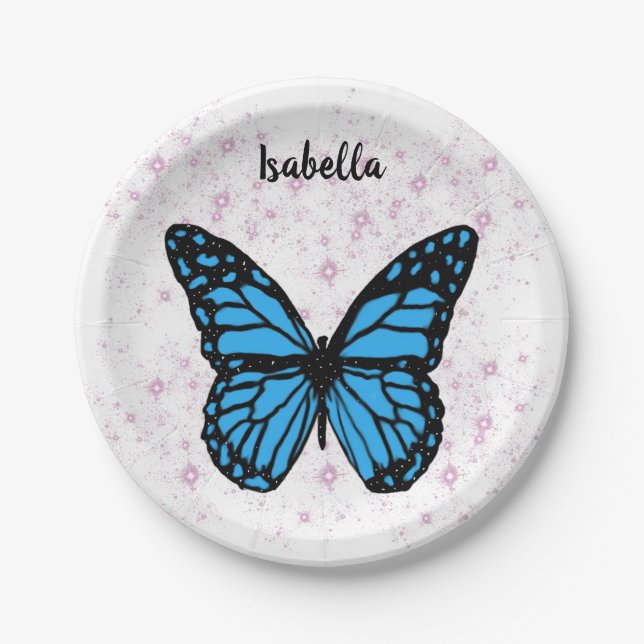 Plato De Papel Magical blue butterfly pink glitter art (Anverso)