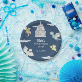 Plato De Papel Magical Castle Cute Dragons Niños cumpleaños Azul