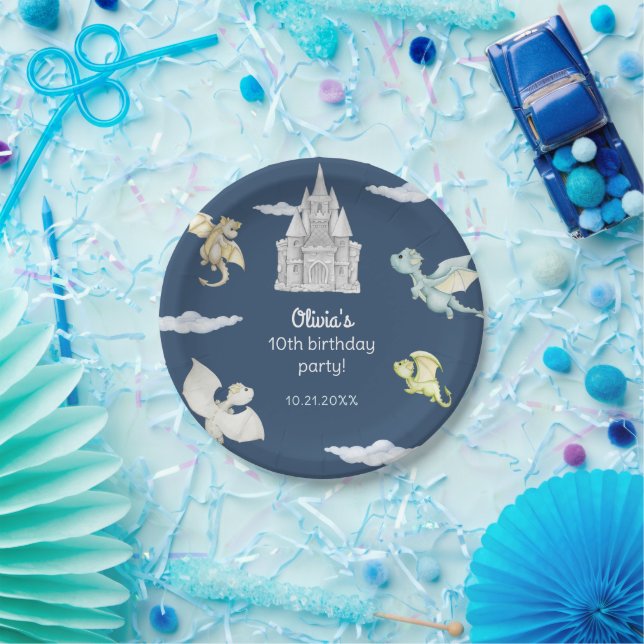 Plato De Papel Magical Castle Cute Dragons Niños cumpleaños Azul (Fiesta)