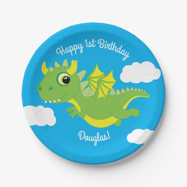 Plato De Papel Magical Dragon Cute 1er Placas de Cumpleaños (Anverso)