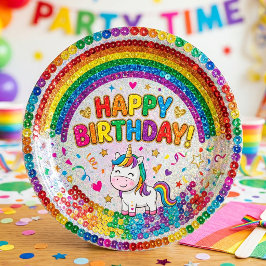 Plato De Papel Magical Rainbow Unicorn Sequin Print Birthday