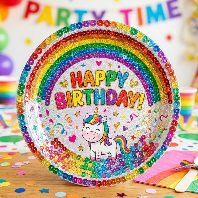 Plato De Papel Magical Rainbow Unicorn Sequin Print Birthday (Subido por el creador)