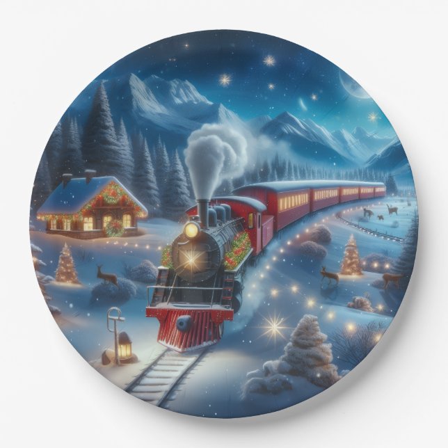 Plato De Papel Magical Snowy Christmas Train Winter Scene (Anverso)
