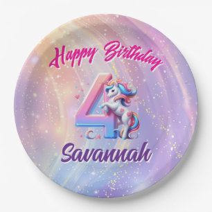 Plato De Papel Magical Unicornio 4º cumpleaños Pastel Purple