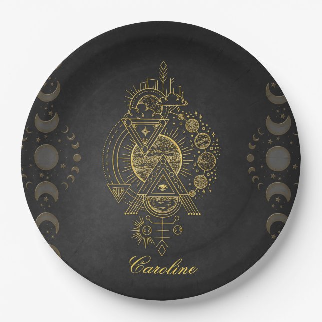Plato De Papel Magnífica fantasía dorada planeta y luna (Anverso)