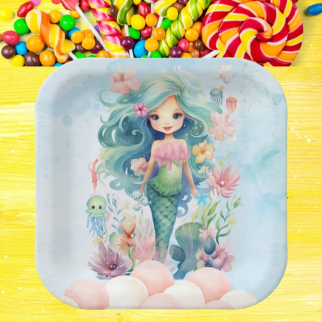 Plato De Papel Magnífica Placa de papel de cumpleaños de sirena a (Whimsical Mermaid Birthday Paper Plate - Pink & Blue Under the Sea Party - Cute Girl Ocean Theme)