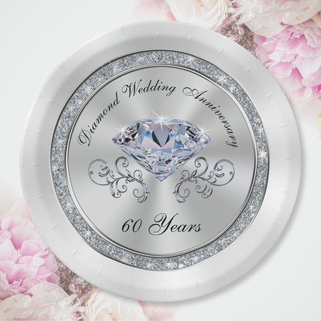 Plato De Papel Magníficas planchas para el 60 aniversario de los  (60th wedding anniversary party ideas. Silver, Diamond wedding anniversary table decorations. Elegant)
