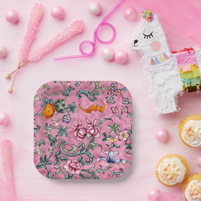 Plato De Papel Magnífico cantón chino floral rosa (Fiesta)