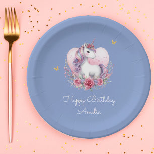 Plato De Papel Magnífico Unicornio Oro Rosa Elegante Cumpleaños