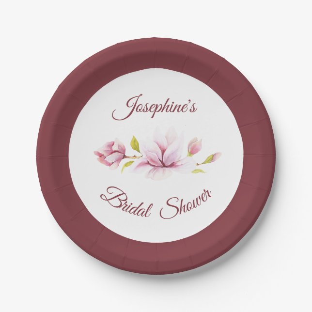 Plato De Papel Magnolia Burgundy Floral Bridal Shower (Anverso)