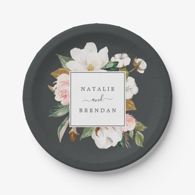 Plato De Papel Magnolia elegante | Boda blanco y negro (Anverso)