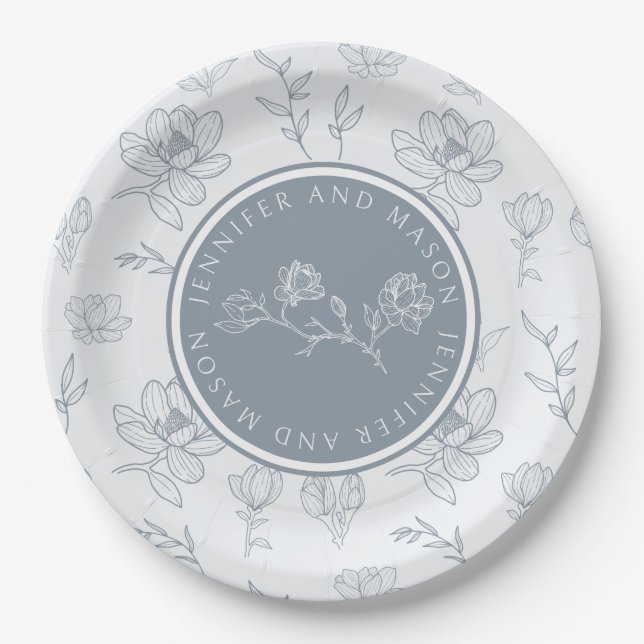 Plato De Papel Magnolia floral azul turbio novia novio placa de p (Anverso)