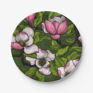 Plato De Papel Magnolia floreciente en verde oscuro