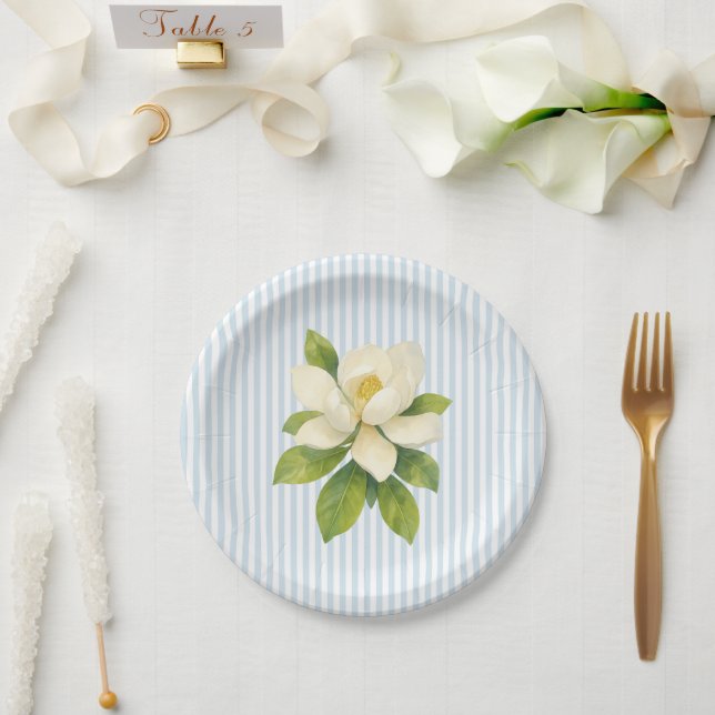 Plato De Papel Magnolia Flower Custom Wedding Blue Stripe (Boda)
