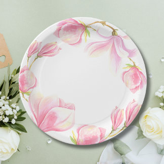 Plato De Papel Magnolia rosa elegante acuarela Ducha de novias