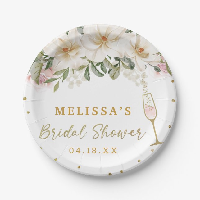 Plato De Papel Magnolia Watercolor Champagne Glass Bridal Shower (Anverso)