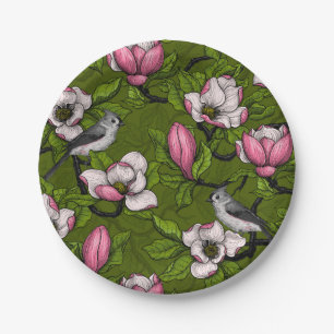 Plato De Papel Magnolia y pájaro del titmouse 2