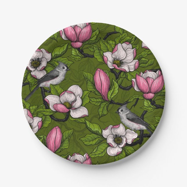 Plato De Papel Magnolia y pájaro del titmouse 2 (Anverso)