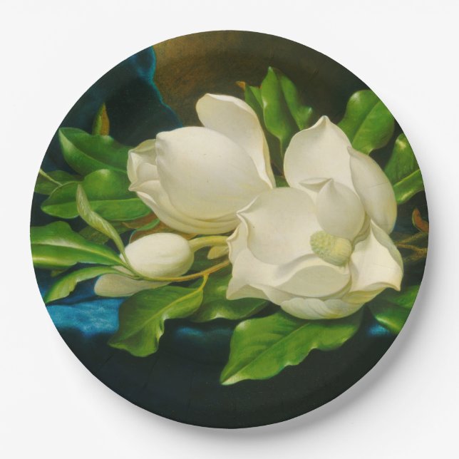 Plato De Papel Magnolias gigantes sobre una tela de terciopelo az (Anverso)