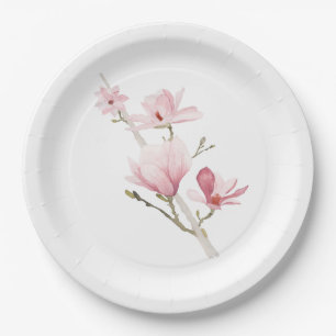 Plato De Papel Magnolias rosas y placas de papel verde