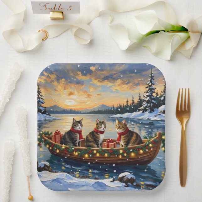 Plato De Papel Maine Coon Cat Christmas Boat Holiday (Boda)