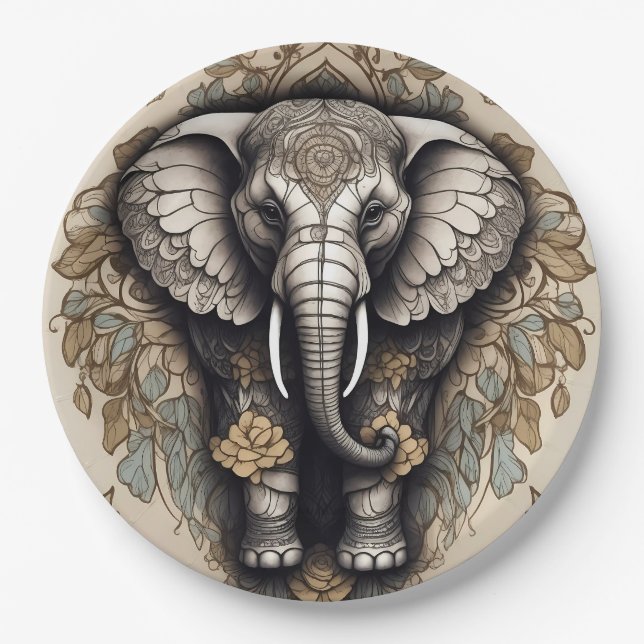 Plato De Papel Majestic Elephant Mandala (Anverso)