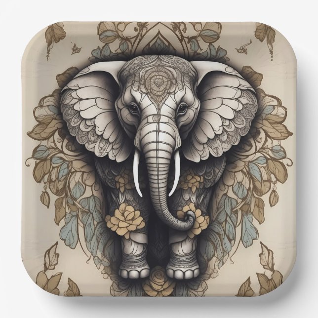 Plato De Papel Majestic Elephant Mandala (Anverso)