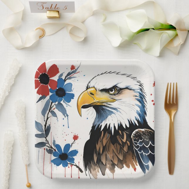 Plato De Papel Majestuoso American Bald Eagle Floral (Boda)
