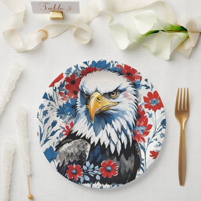 Plato De Papel Majestuoso American Bald Eagle Floral (Boda)