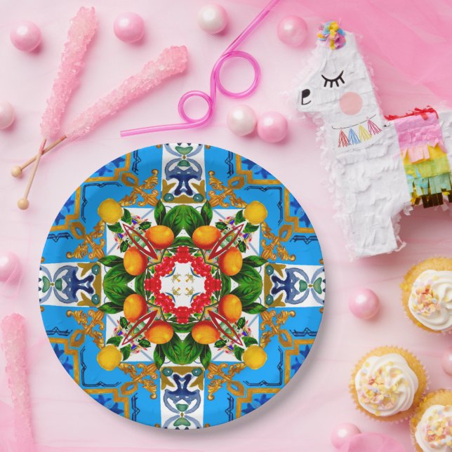 Plato De Papel Majólica, azulejos mediterráneos, (Fiesta)