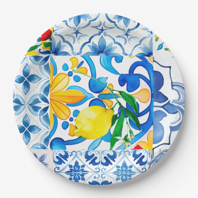 Plato De Papel Majólica, limón, azulejos sicilianos, (Anverso)