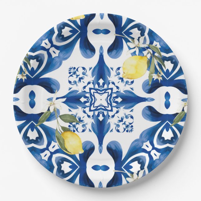 Plato De Papel Majólica, limón, azulejos sicilianos, mosaico cerá (Anverso)