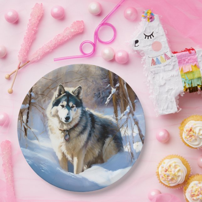 Plato De Papel Malamute de Alaska Deja que nieve Navidad (Fiesta)