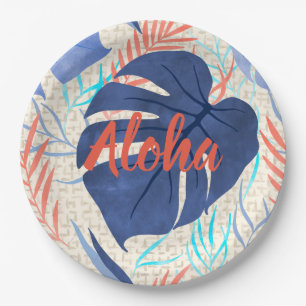 Plato De Papel Maleah Monstera Tropical Hawaiana acuarela - Azul