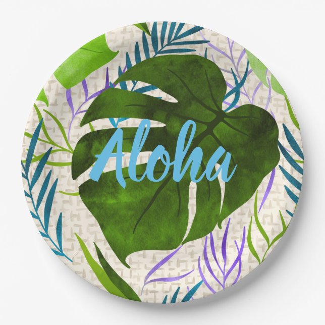 Plato De Papel Maleah Monstera Tropical Hawaiana acuarela verde (Anverso)
