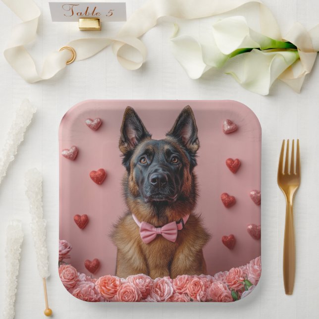 Plato De Papel Malinois Belga con Rosas - Día de San Valentín  (Boda)