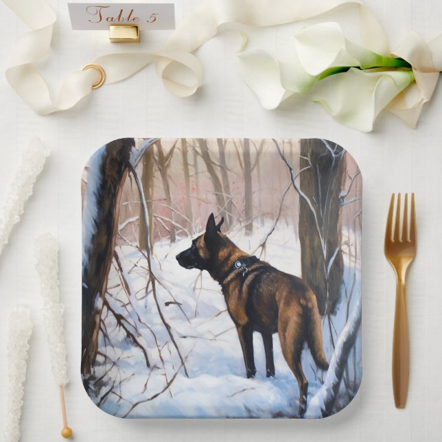 Plato De Papel Malinois belga deja que neven a Navidades (Boda)