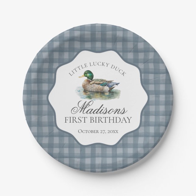 Plato De Papel Mallard Duck Hunting Blue Gingham Boy Birthday (Anverso)