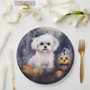 Plato De Papel Maltés de Halloween con calabazas espeluznante