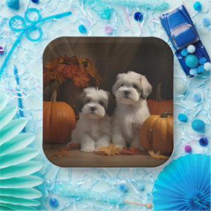 Plato De Papel Malti tzu Puppy Calabaza deslumbrante de otoño