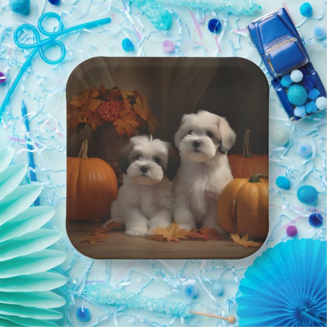 Plato De Papel Malti tzu Puppy Calabaza deslumbrante de otoño (Fiesta)