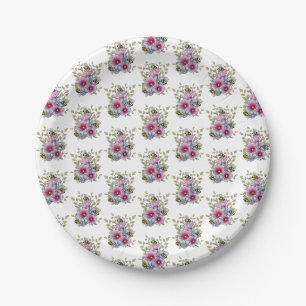 Plato De Papel Malvarrosas y flores azules con abejas