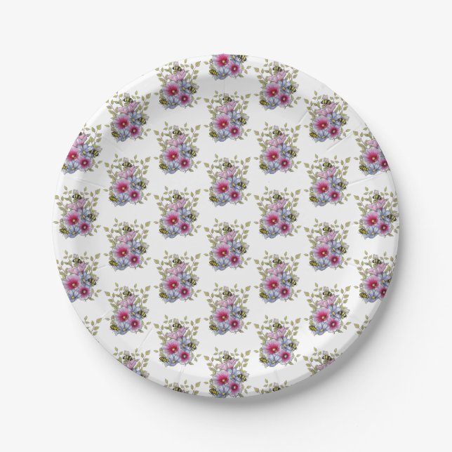 Plato De Papel Malvarrosas y flores azules con abejas (Anverso)