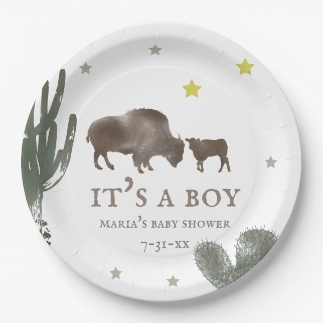 Plato De Papel Mama Baby Buffalo Cactus Boy Baby Shower (Anverso)