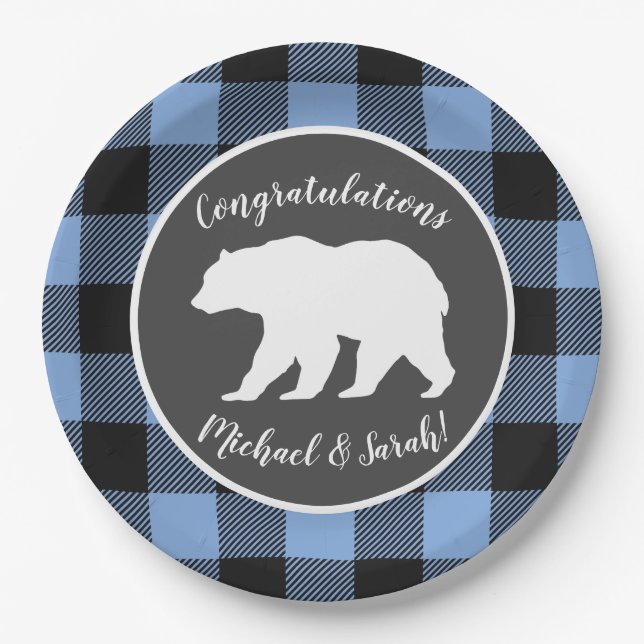 Plato De Papel Mama Bear Baby Shower Woodland Lodge Boy Blue (Anverso)