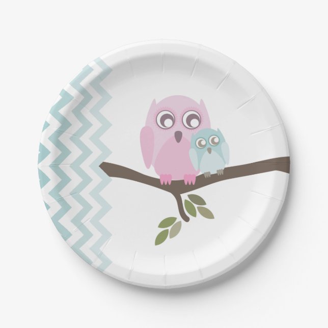 Plato De Papel Mamá + Búho Baby Shower del bebé (Anverso)