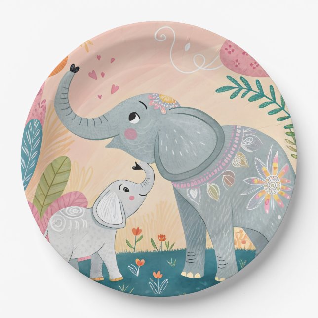 Plato De Papel Mamá Elefante y Bebé (Anverso)