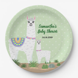 Plato De Papel Mamá Llama y lunar verde Baby Shower del bebé